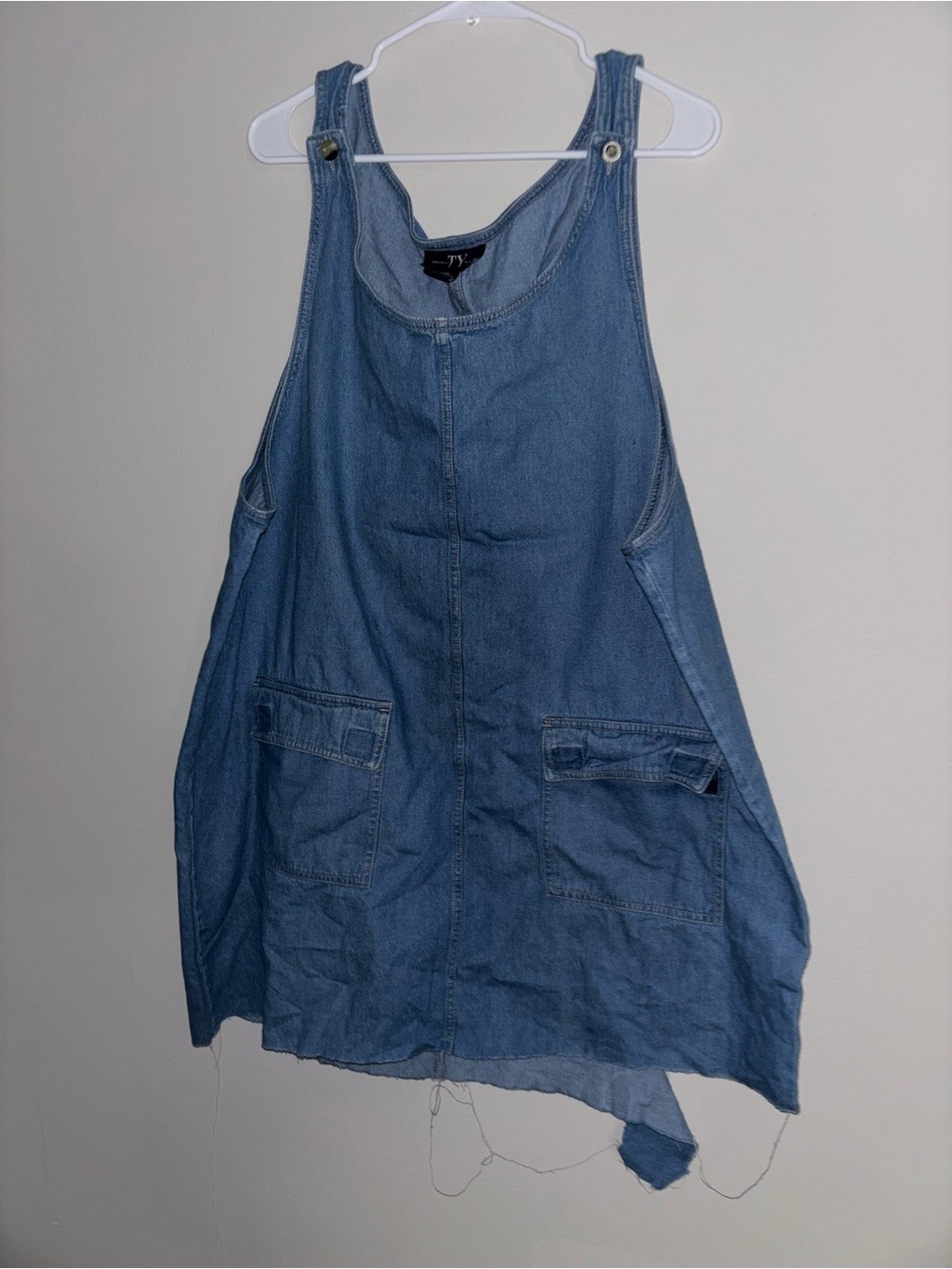 Light Wash Denim Pinafore Dress with Front Pockets